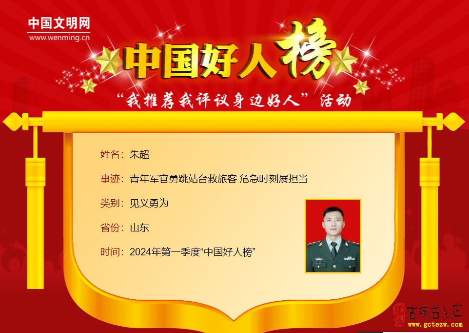 台儿庄朱超获评2024年第一季度“中国好人”！